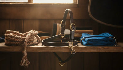 Leather, nylon, rope, and biothane horse halters on a stable tack shelf