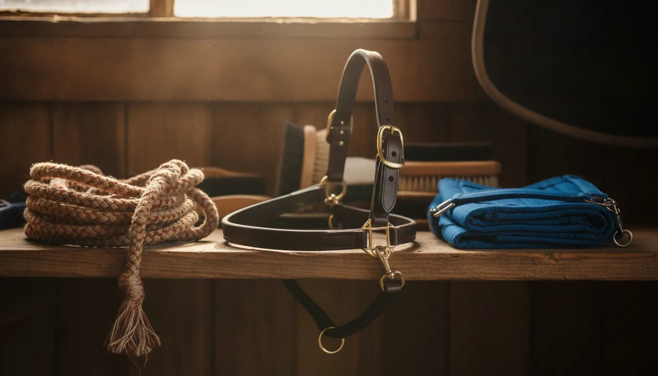 Leather, nylon, rope, and biothane horse halters on a stable tack shelf