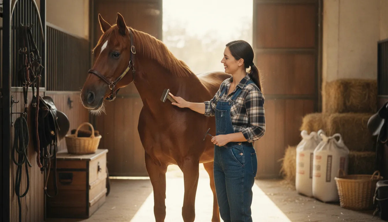 New horse owner grooming their bay horse with a curry comb in a sunlit stable, tack and supplies nearby