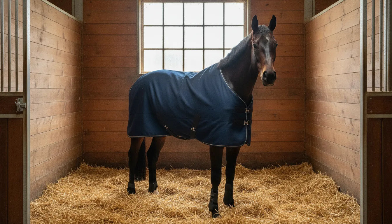 Dark bay horse wearing a navy stable rug inside a clean stall