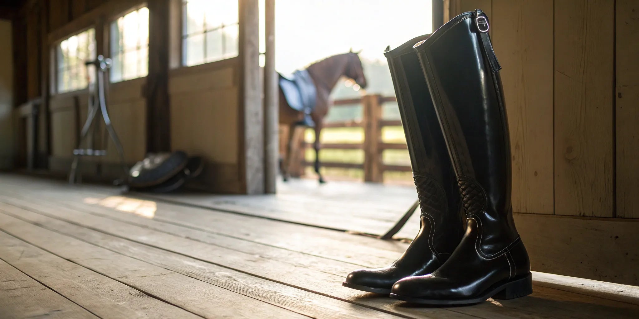 A pair of tall black leather English riding boots in a horse stable.