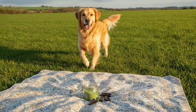 Happy golden retriever playing outside beside a jar of whole green-lipped mussel supplement for joint health