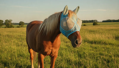A horse wearing a UV-blocking fly mask in a sunny pasture