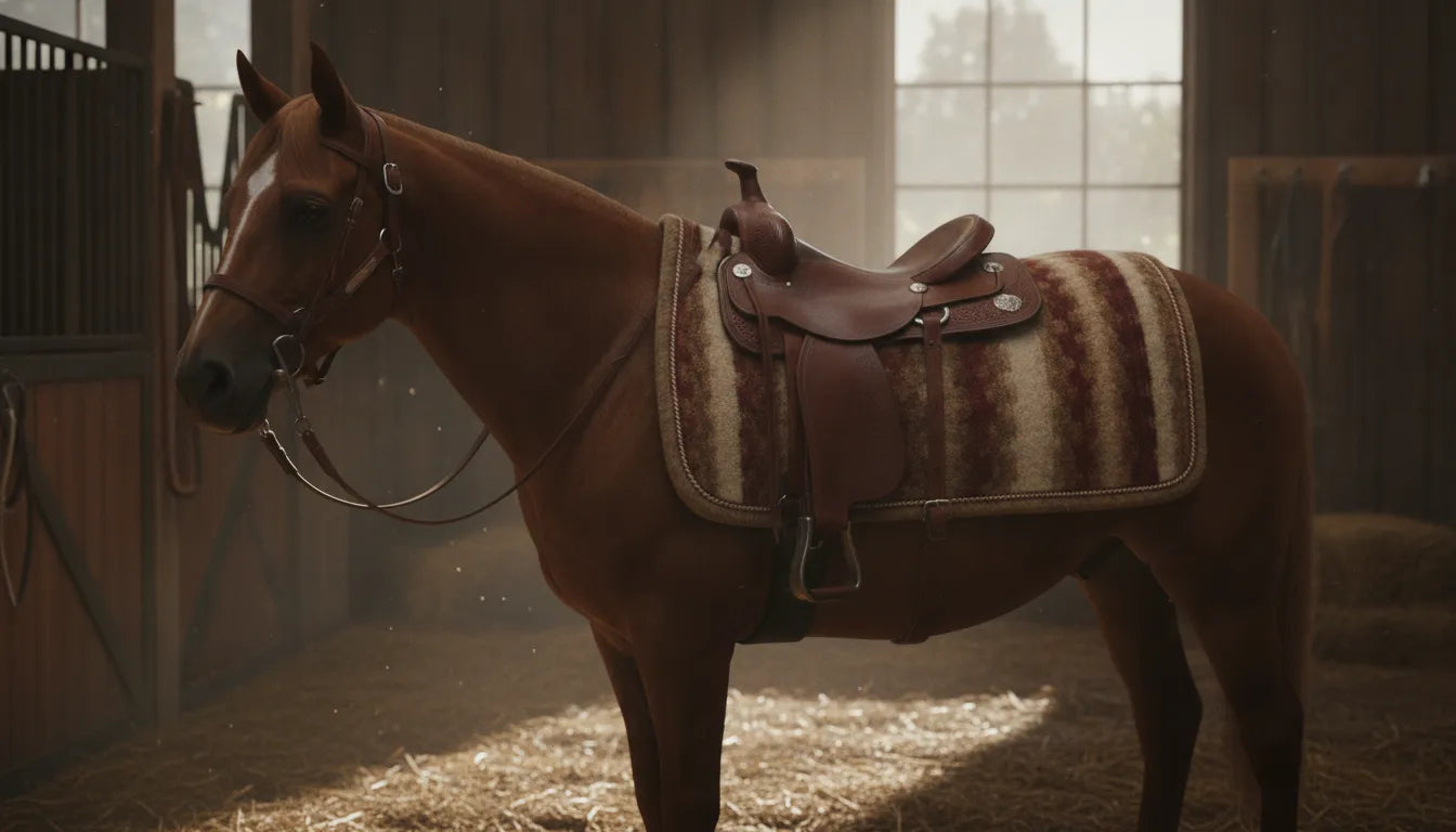 Wool saddle pad on a horse in a stable, showcasing natural fiber texture and riding comfort