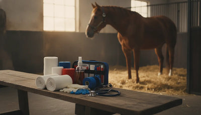 Well-organized equine first aid kit with bandages, antiseptic, and stethoscope on a barn bench next to a horse