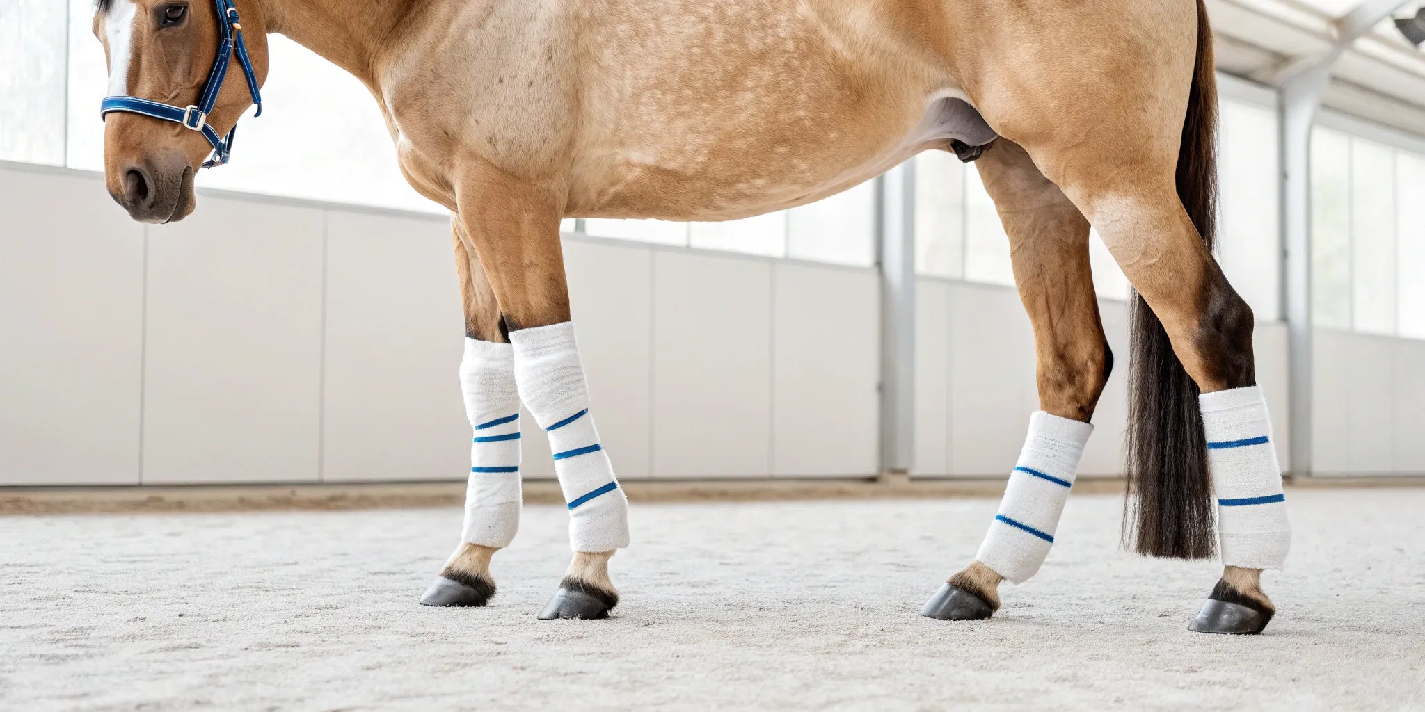 A horse wearing exercise bandages on its legs for protection and support.