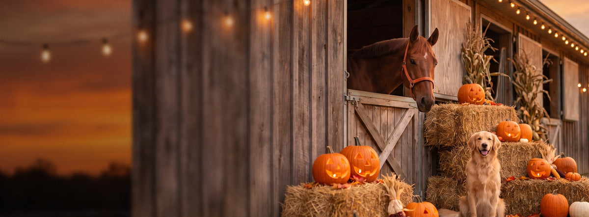 Horse and golden retriever with jack-o-lanterns at a barn at dusk