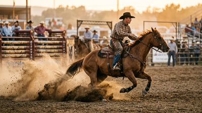 Western performance horse and rider galloping in arena