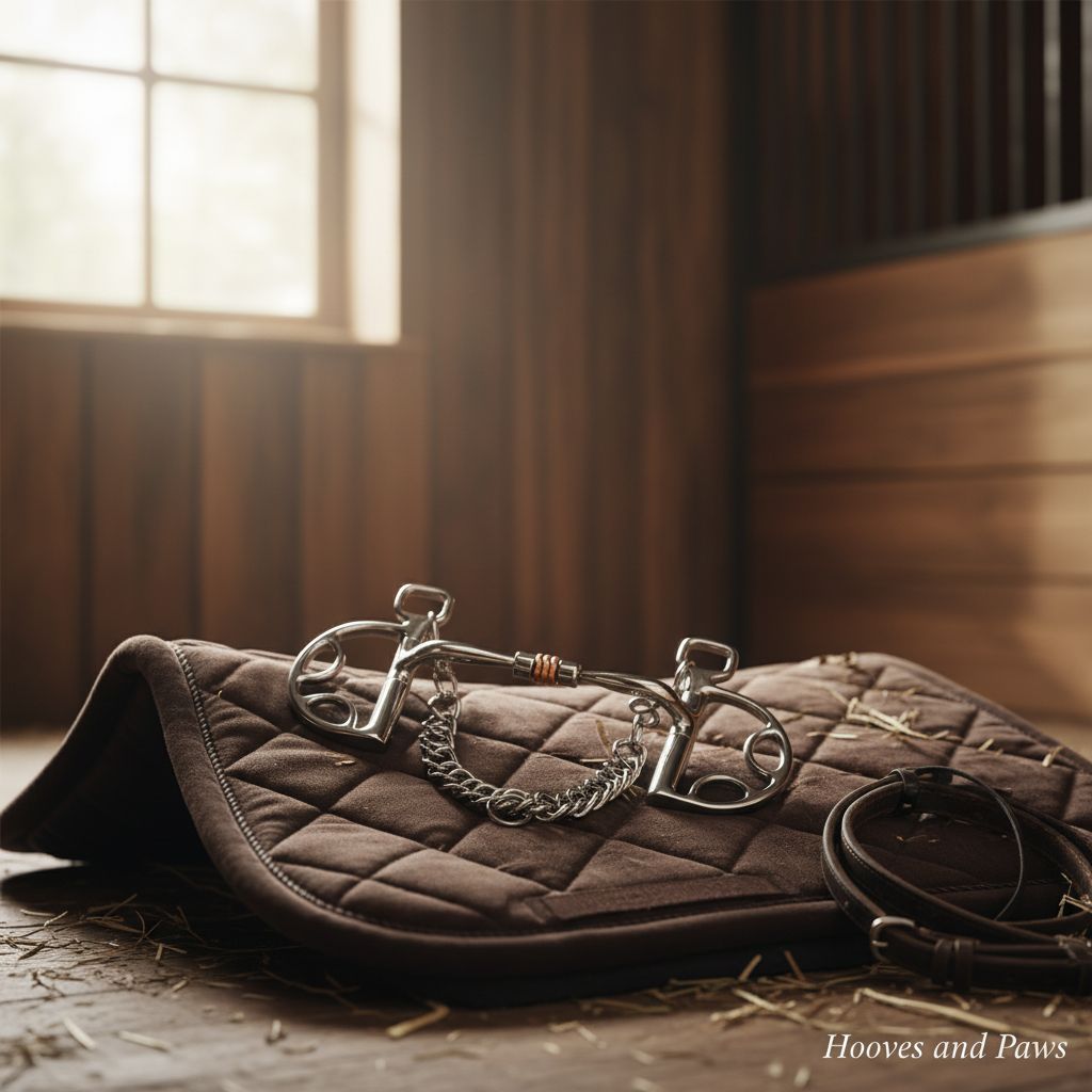 Myler Kimberwick Snaffle Bit (MB 03) made of stainless steel with a copper roller, resting on a brown quilted saddle pad in a sunlit horse stable with hay on the floor and a brown leather strap nearby.