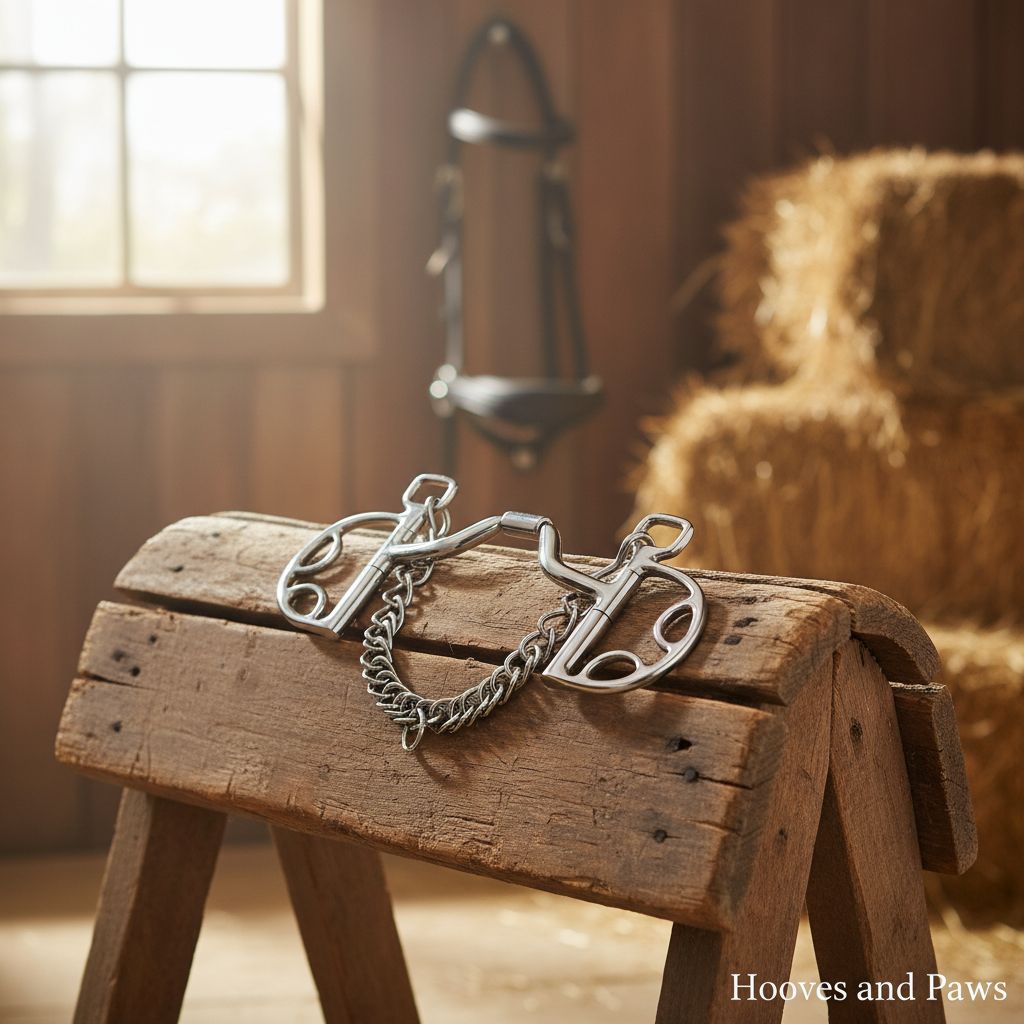 Myler Kimberwick control bit, stainless steel with a ported barrel mouthpiece and curb chain, on a rustic wooden stand in a barn.