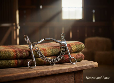 Myler 5 1/2 inch Weymouth Low Port Barrel Bit 43LP (89-47437) with chain, resting on folded plaid blankets on a rustic wooden table in a sunlit barn.