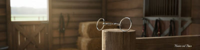 Myler Bridoon stainless steel Comfort Snaffle wide barrel MB 02, 5 inch horse bit on a weathered wooden post inside a sunlit barn, with blurry hay bales and horse tack in the background.