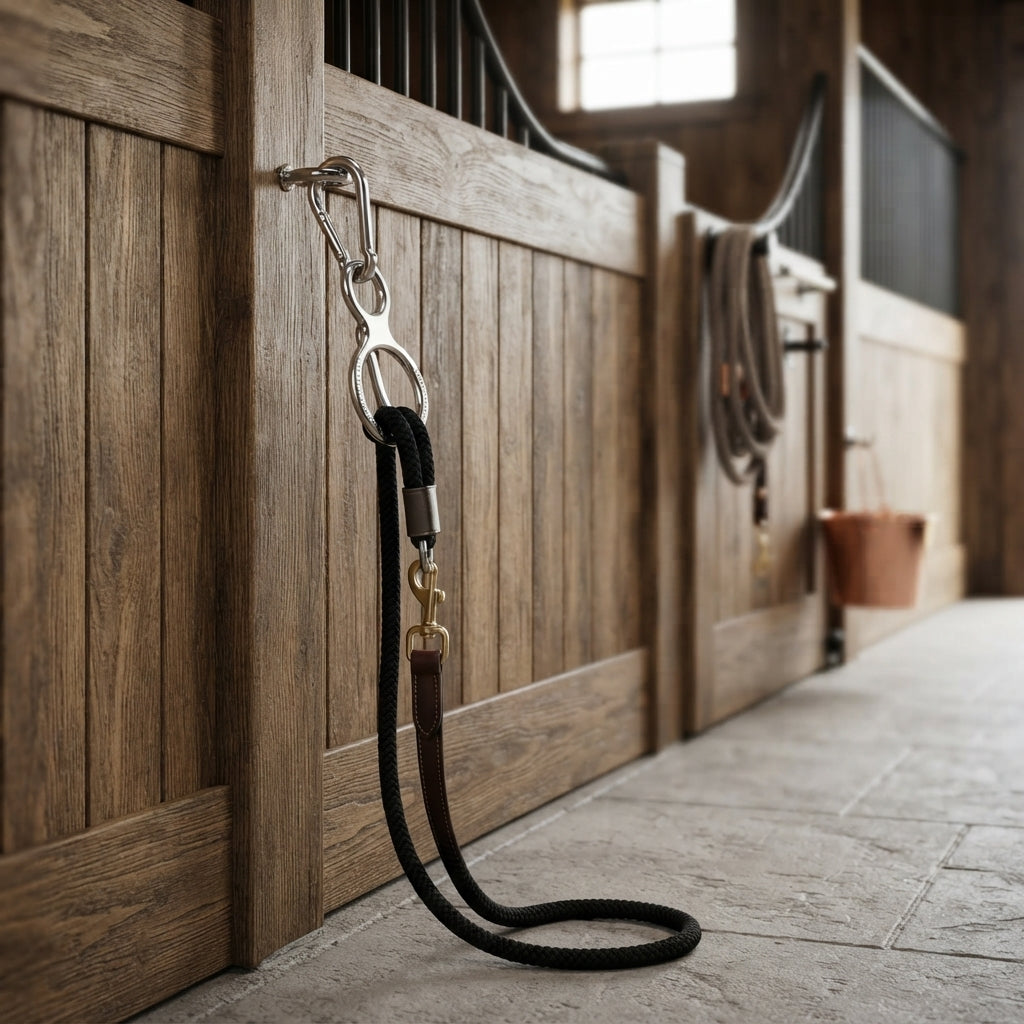 Lifestyle photo of Toklat Blocker Tie Ring II with Mag-Loc and Quick Snap - Equine Safety & Training Support System
