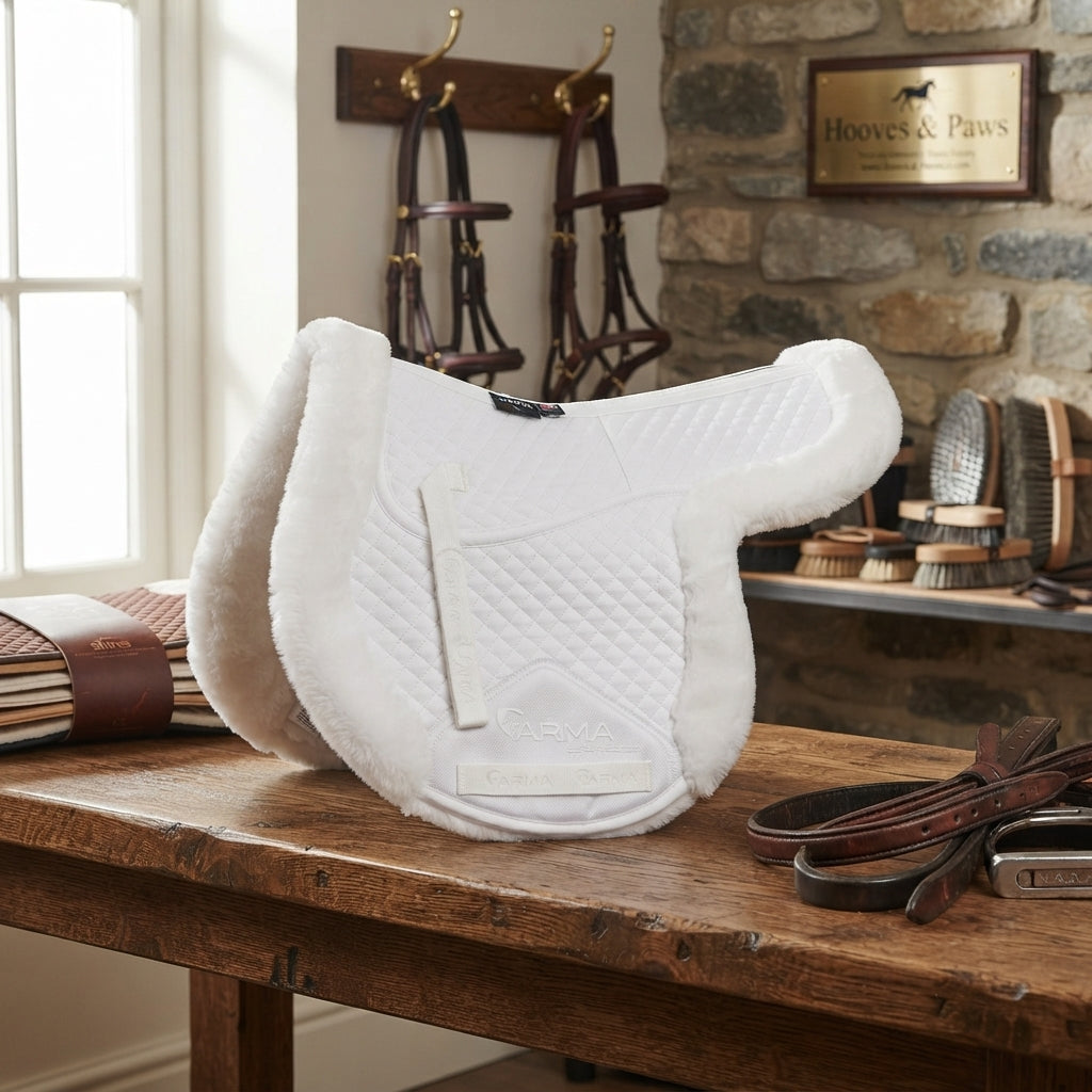 Lifestyle photo of Shires ARMA Shaped Pad With Corrective Shim - Premium Shock Absorbing Equestrian Saddle Pad