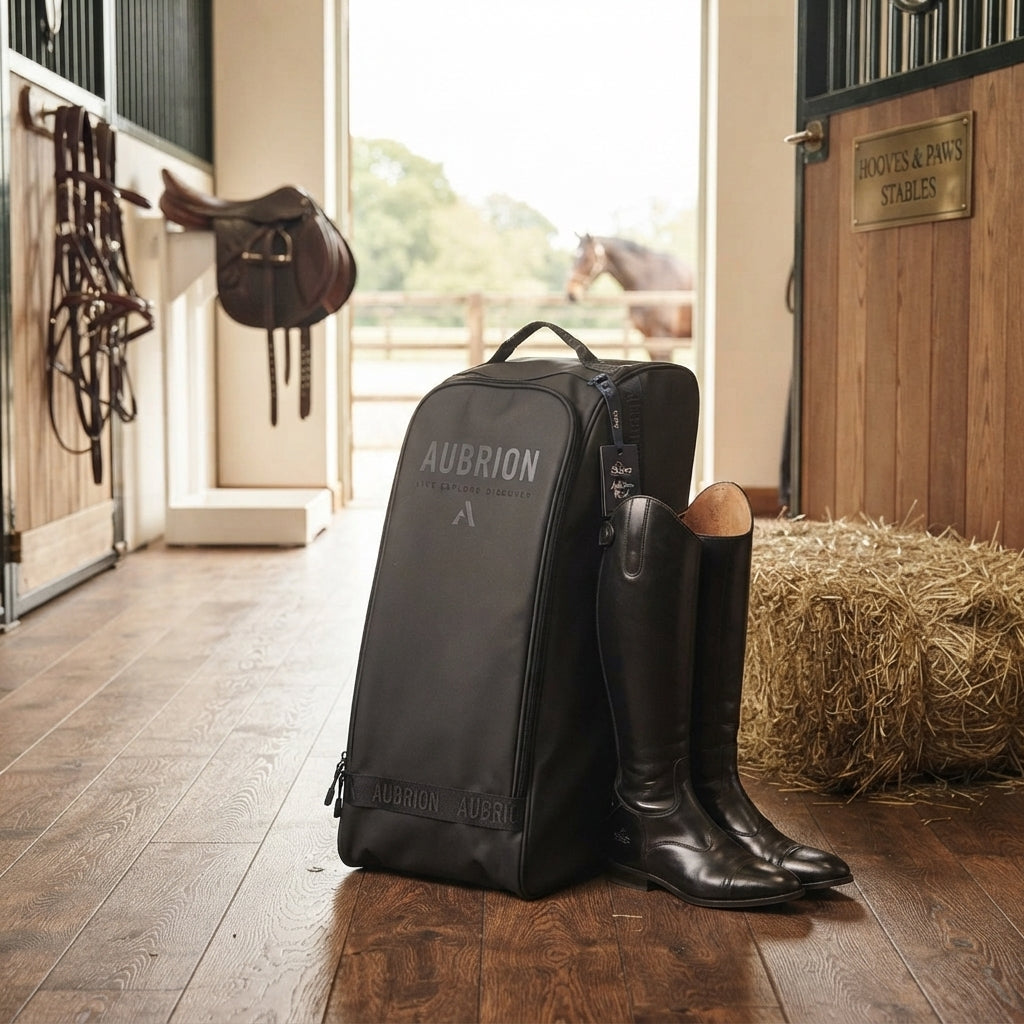 Lifestyle photo of Shires Aubrion React Long Boot Bag - Black - Durable Storage for Tall Riding Boots