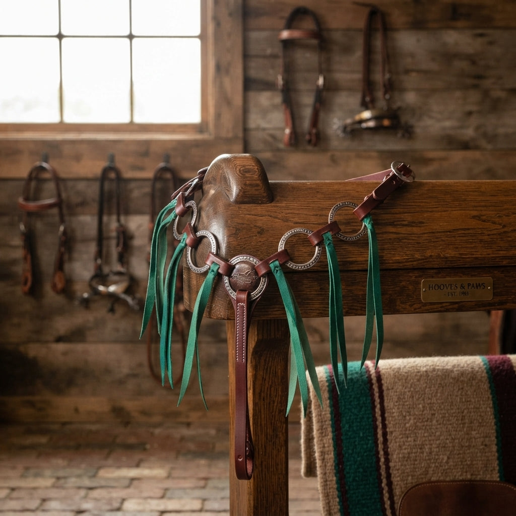 Lifestyle photo of Professional's Choice Pony Ring Breast Collar with Emerald Tassels - Pony Size, Burgundy Latigo Leather