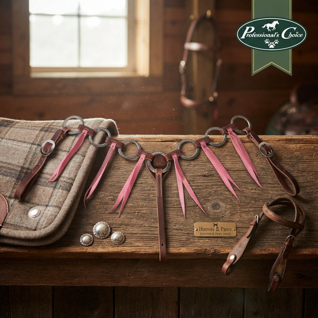 Lifestyle photo of Professional's Choice Pony Ring & Tassel Breast Collar - Orchid, 3/4" Tugs - Pony Size