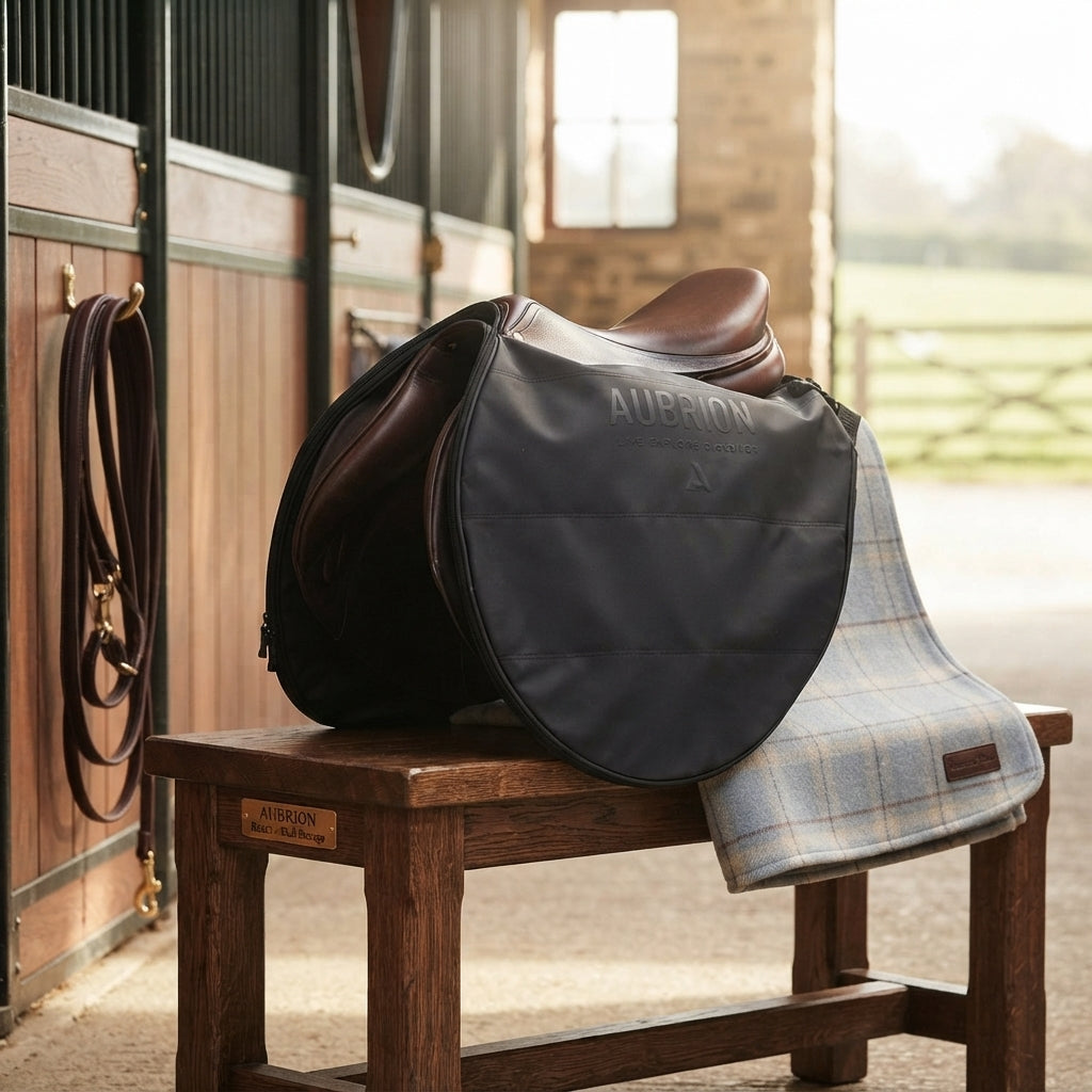 Lifestyle photo of Shires Aubrion React Saddle Bag - Black - Durable Equestrian Storage for Trail and Training