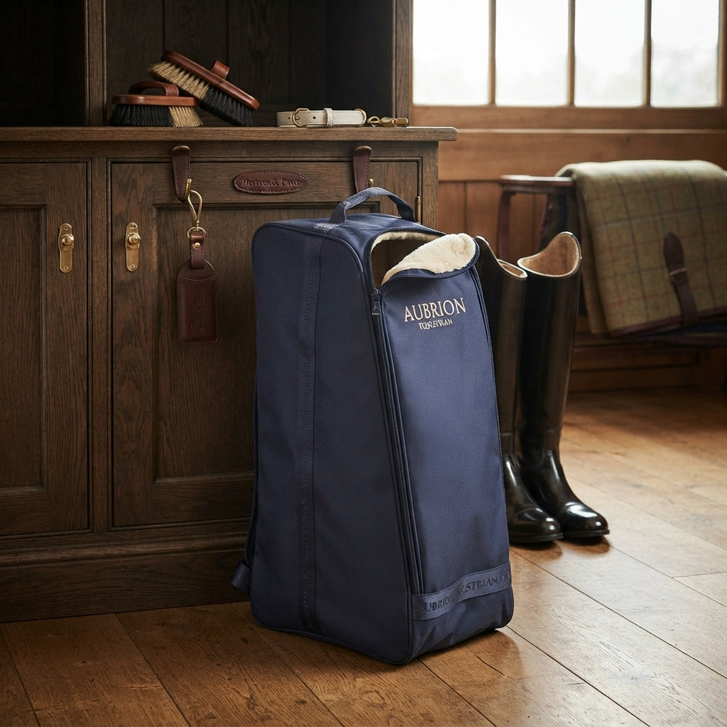 Lifestyle photo of Shires Aubrion Equestrian Long Boot Bag - Navy - Durable Tall Riding Boot Storage