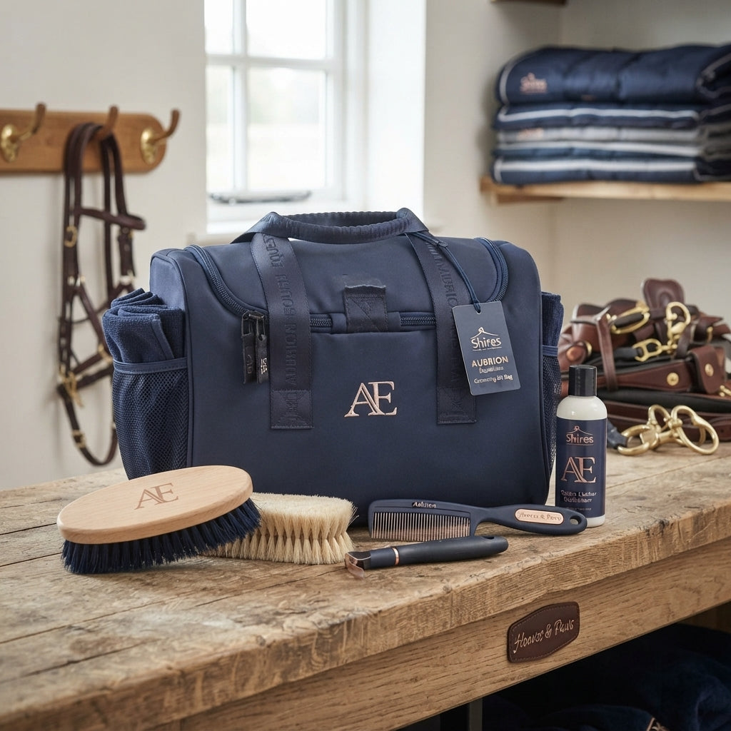 Lifestyle photo of Shires Aubrion Equestrian Grooming Kit Bag - Navy - Durable Multi-Pocket Horse Grooming Tote