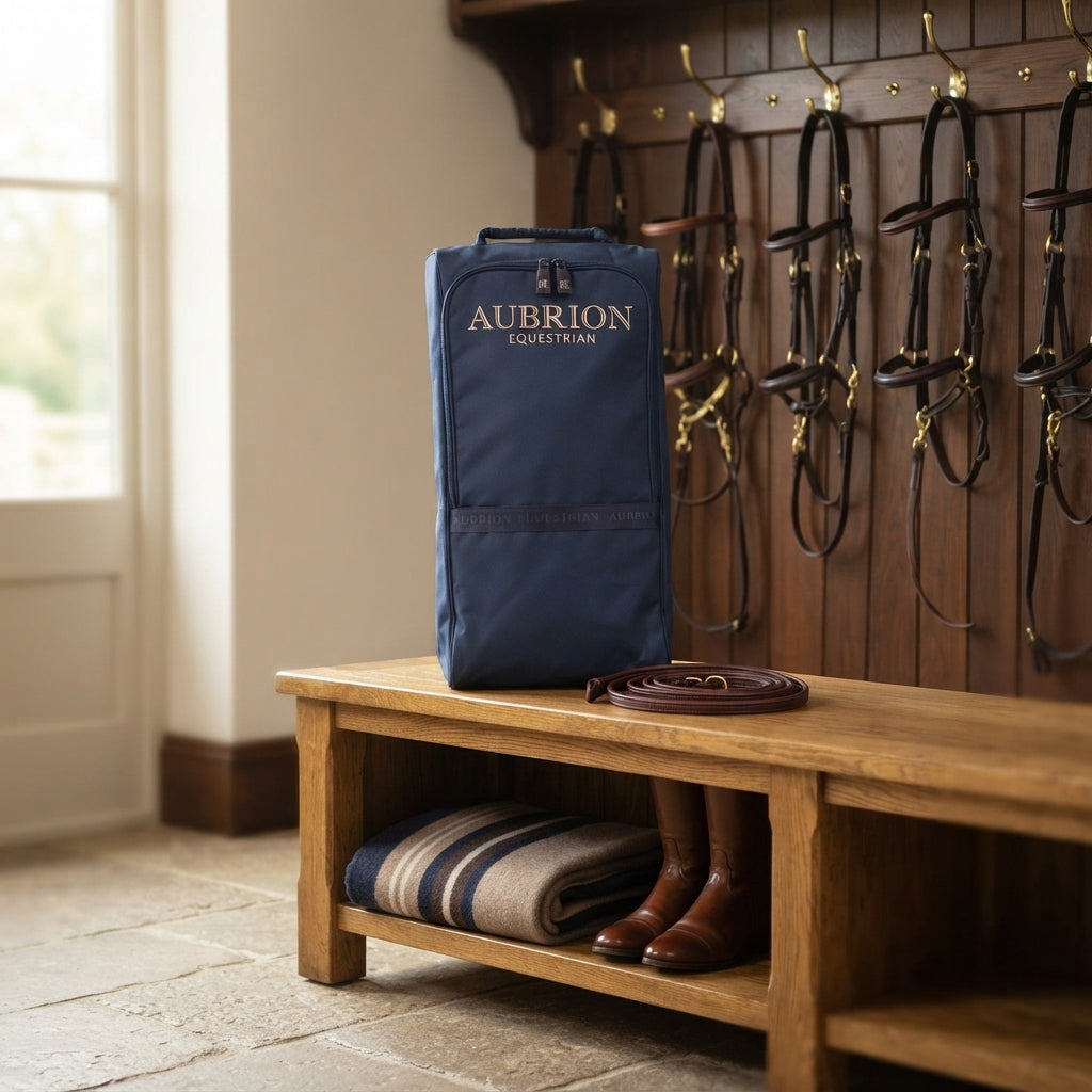 Lifestyle photo of Shires Aubrion Equestrian Bridle Bag - Padded Protective Tack Storage Case, Navy