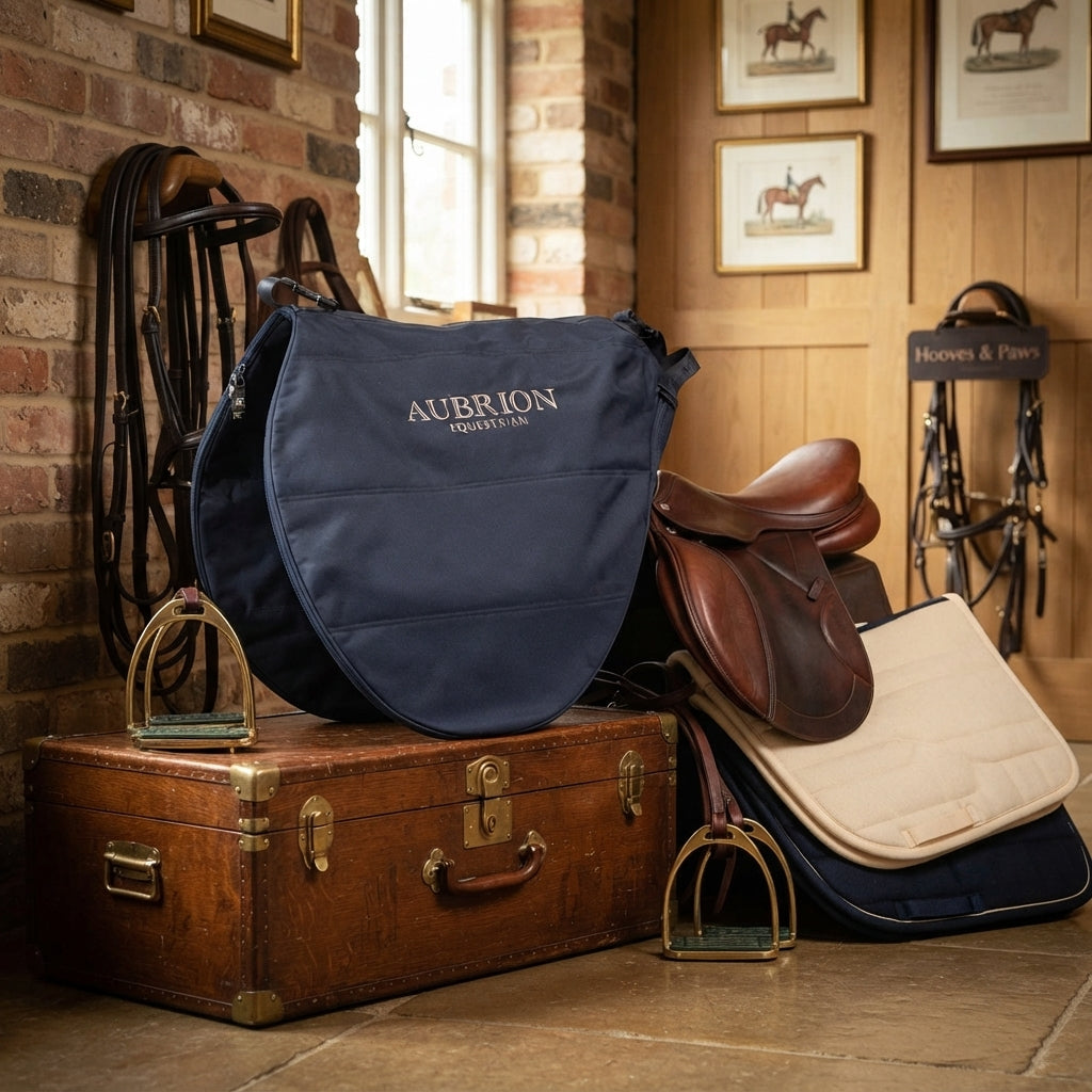 Lifestyle photo of Shires Aubrion Equestrian Saddle Bag - Durable Padded Protective Storage Case - Navy