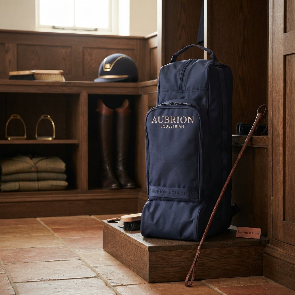 Lifestyle photo of Shires Aubrion Equestrian Hat, Whip and Boot Bag - Navy - Durable All-in-One Riding Gear Storage