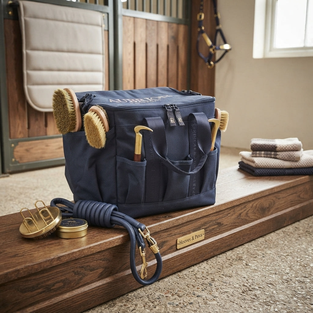Lifestyle photo of Shires Aubrion Large Equestrian Grooming Kit Bag - Navy Blue Horse Grooming Organizer