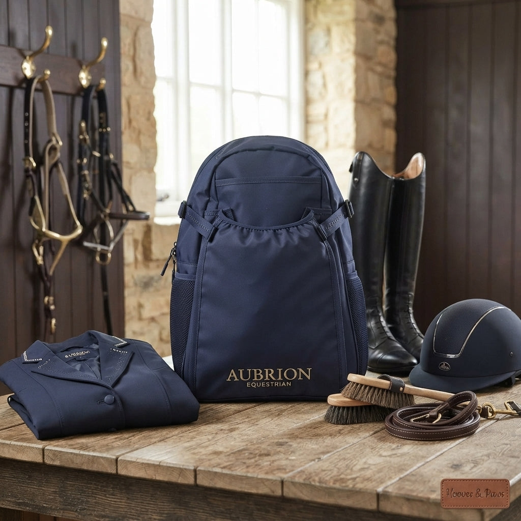 Lifestyle photo of Shires Aubrion Equestrian Back Pack - Navy Blue Horse Riding Gear & Helmet Bag