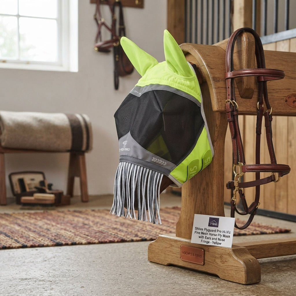 Lifestyle photo of Shires Flyguard Pro Hi-Viz Fine Mesh Horse Fly Mask with Ears and Nose Fringe - Yellow