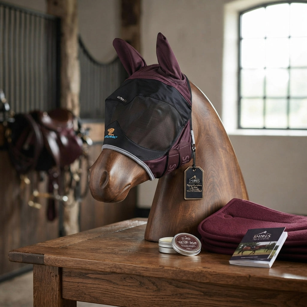 Lifestyle photo of Shires Flyguard Pro Deluxe Fly Mask with Ears - UV Protection Horse Mask - Multiple Sizes
