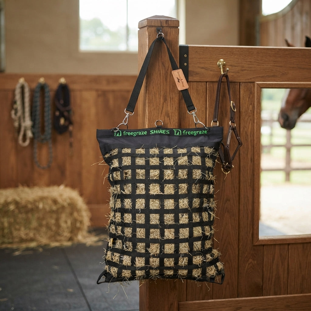 Lifestyle photo of Shires Freegraze Deluxe Web Hay Bag - Durable Slow Feeder for Horses - Black, Small