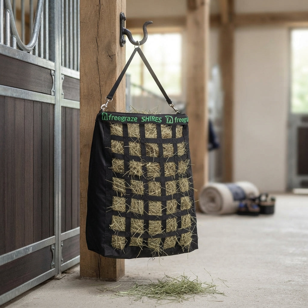 Lifestyle photo of Shires Freegraze Deluxe Web Front Hay Bag - Durable Slow Feeder for Horses - Black