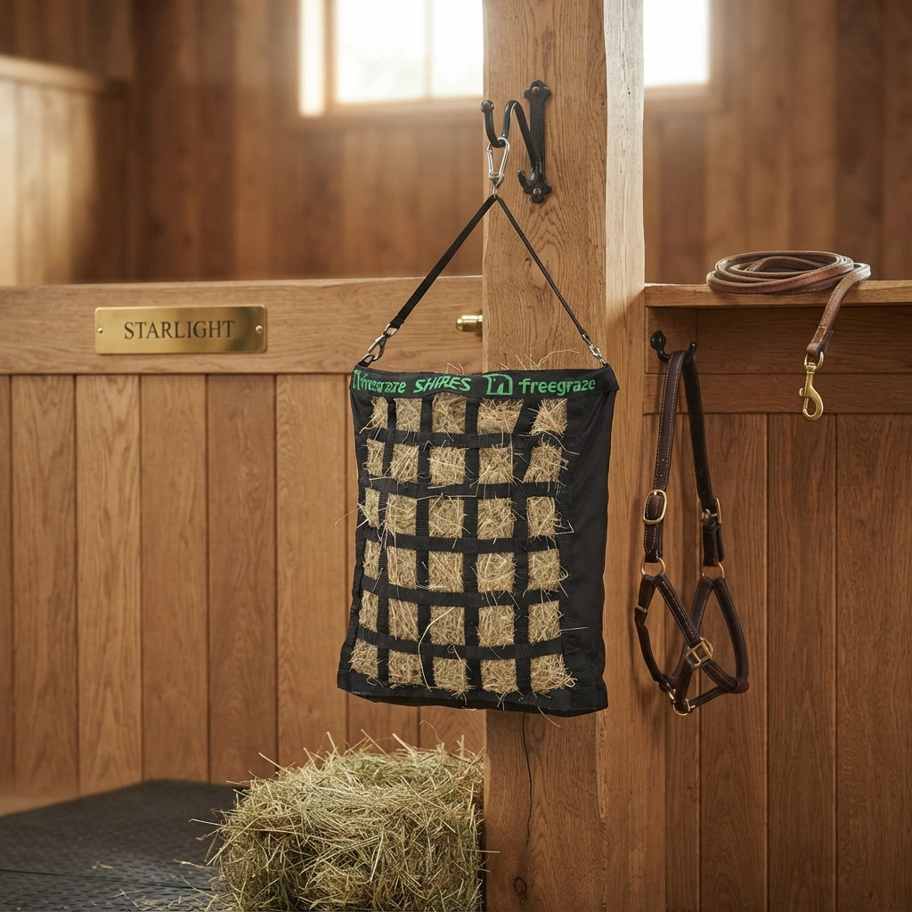 Lifestyle photo of Shires Freegraze Deluxe Web Front Hay Bag - Small, Black - Slow Feed Horse Feeder