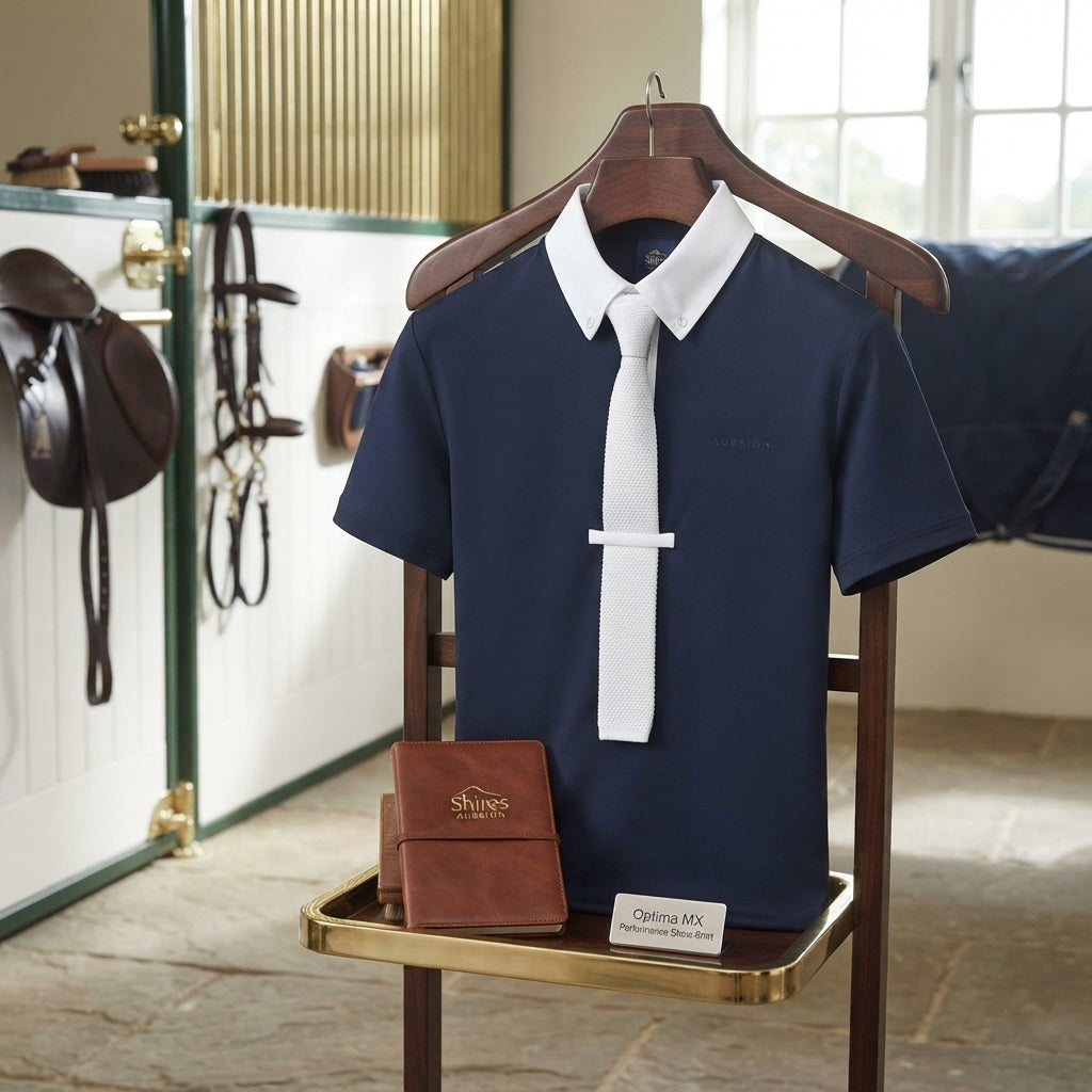 Lifestyle photo of Shires Aubrion Optima MX Men's Zip-Front Show Shirt - Technical Performance Equestrian Riding Apparel