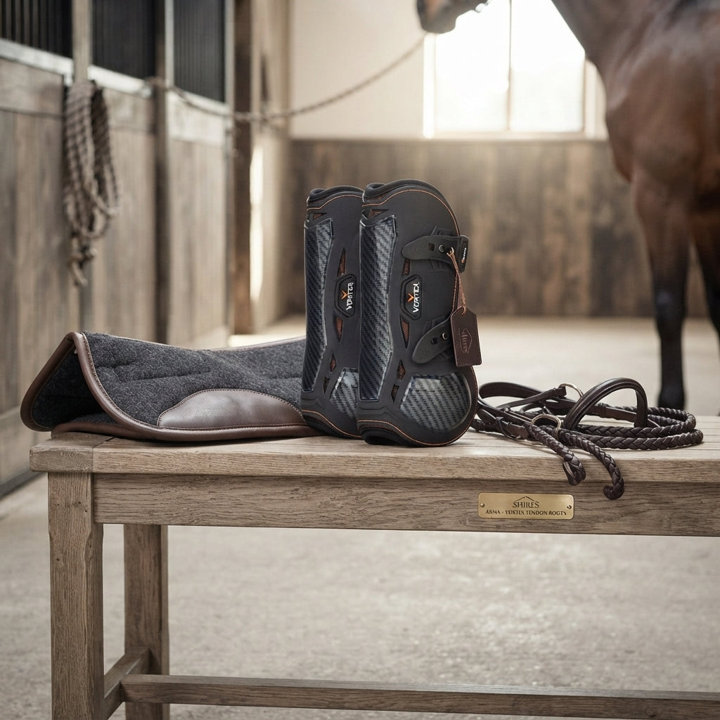 Lifestyle photo of Shires ARMA Vortex Tendon Boots - Black Professional High-Impact Horse Leg Protection