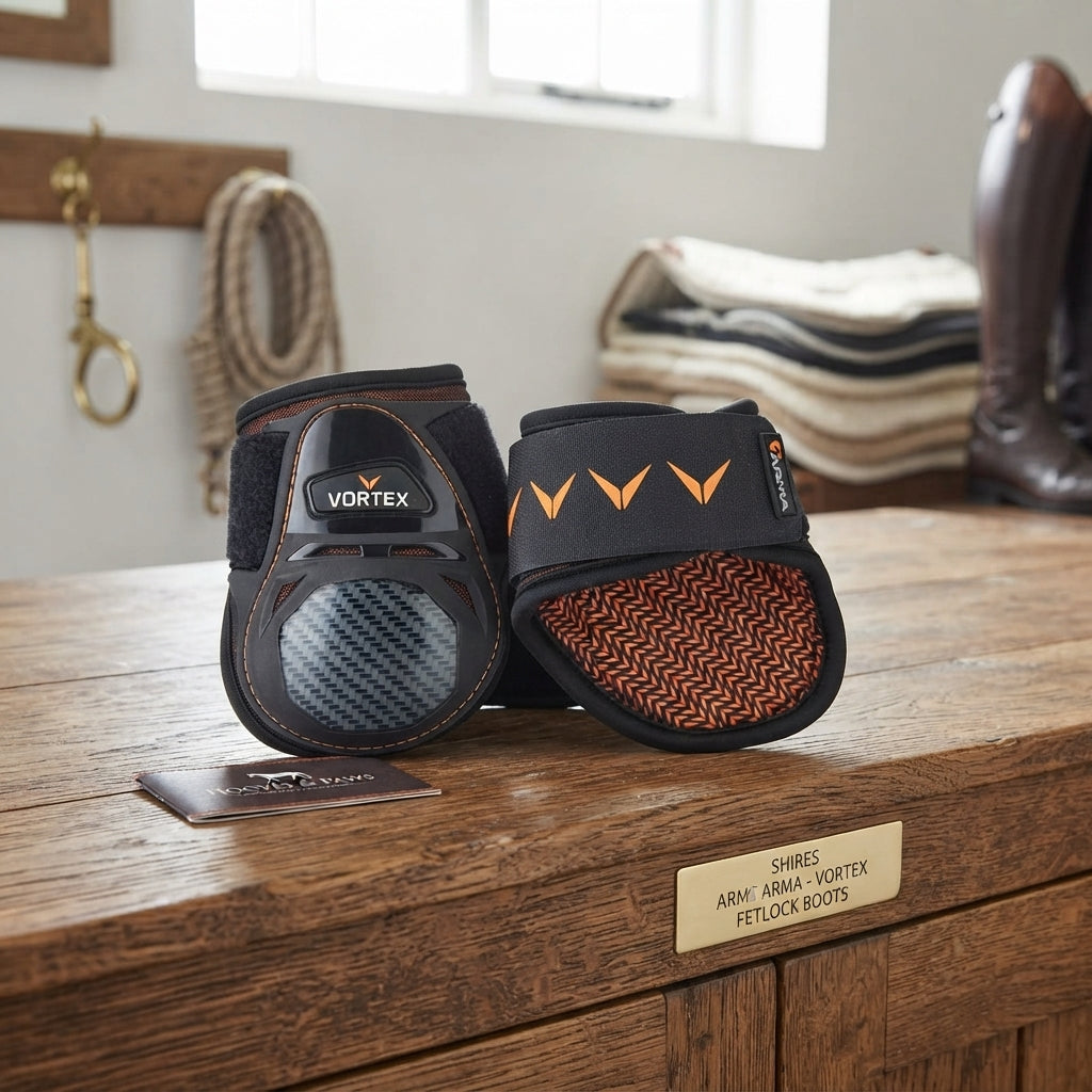 Lifestyle photo of Shires ARMA Vortex Fetlock Boots - High-Performance Impact Protection - Black - Multiple Sizes