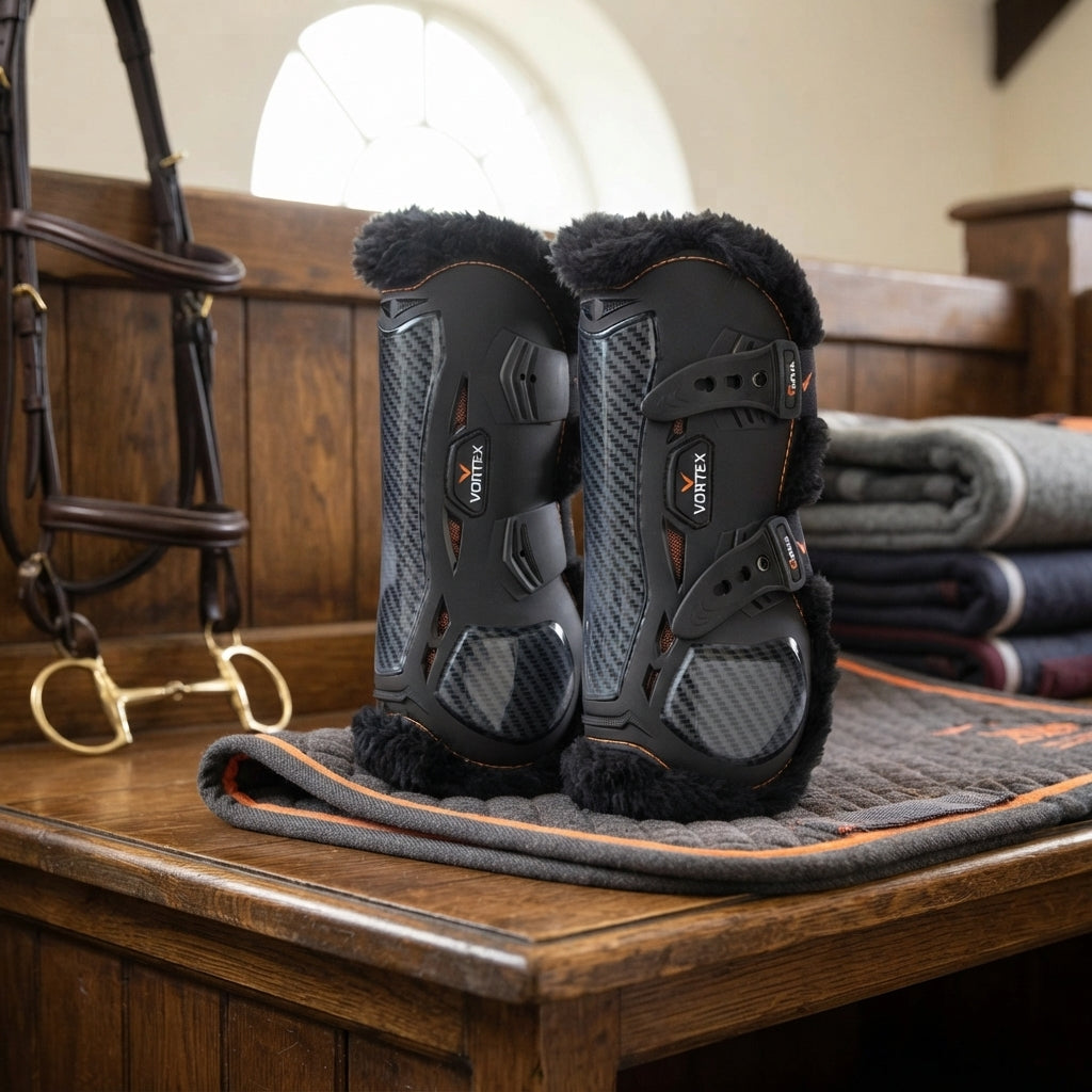 Lifestyle photo of Shires ARMA Vortex SupaFleece Breathable Equestrian Horse Tendon Boots - Black