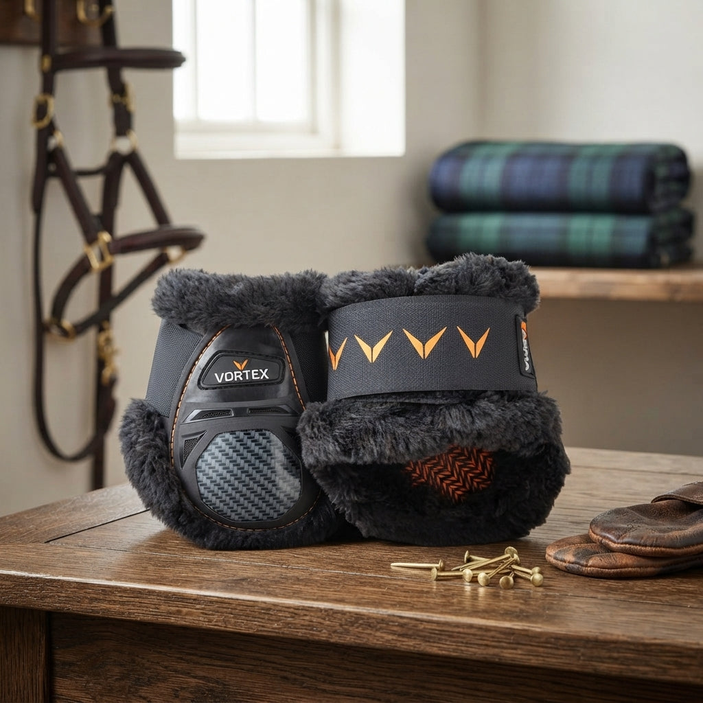 Lifestyle photo of Shires ARMA Vortex SupaFleece Fetlock Boots - Black Comfort Lining Impact Protection Horse Boots