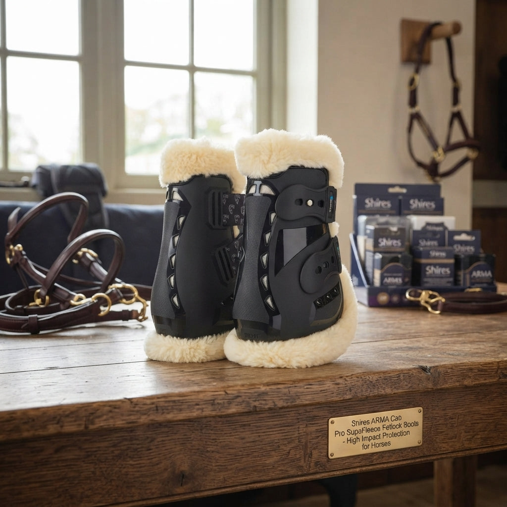 Lifestyle photo of Shires ARMA Carbon Pro SupaFleece Fetlock Boots - High Impact Protection for Horses
