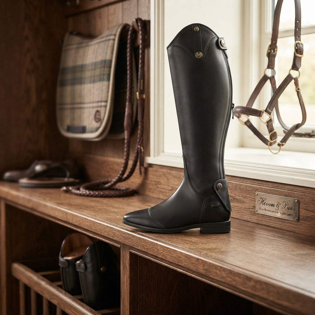Lifestyle photo of Shires Moretta Lanciano English Leather Tall Field Riding Boots - Black