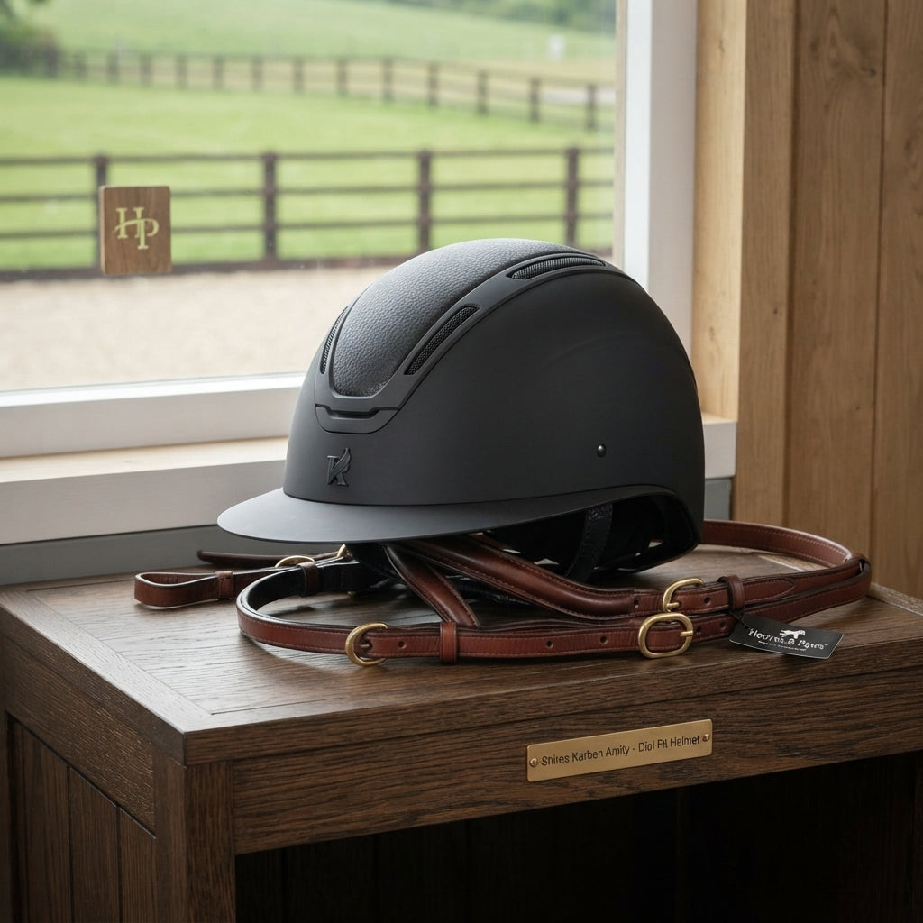 Lifestyle photo of Shires Karben Amity Leather Trim Helmet - Dial Fit & Safety Cert