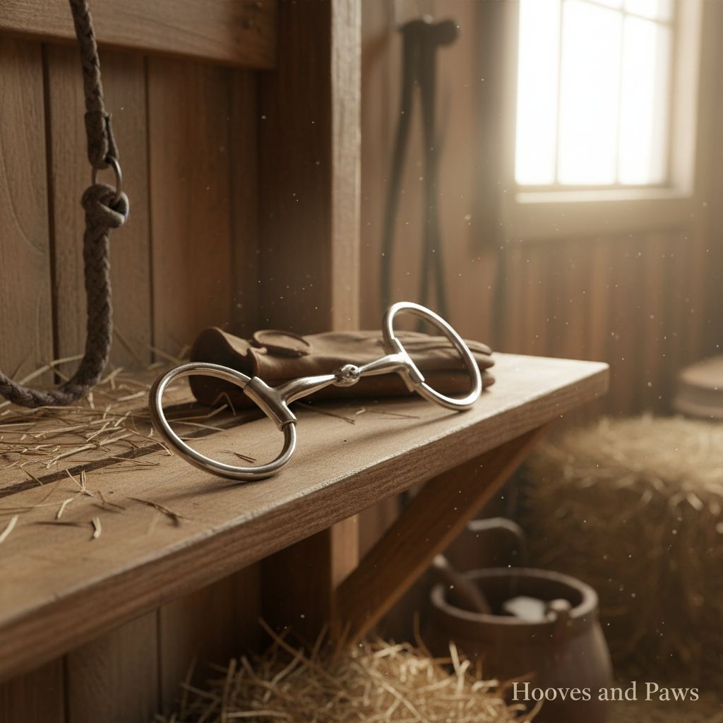 Myler MB 02 Sweet Iron Snaffle horse bit on a rustic wooden barn shelf with leather gloves and hay, illuminated by soft window light.