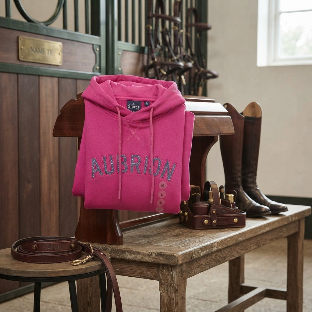 Lifestyle photo of Shires Aubrion React Young Rider Performance Hoodie - Fuchsia - Multiple Sizes