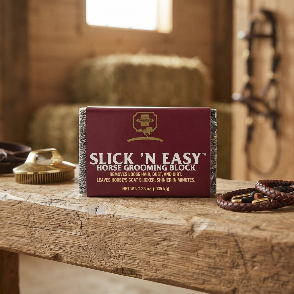 Lifestyle photo of Farnam Slick N Easy Grooming Block – Shedding & Bot Egg Remover