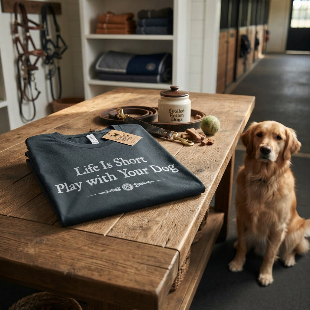 Lifestyle photo of Spoiled Rotten Dogz Life Is Short Play With Your Dog Adult Cotton T-Shirt - Blue Unisex Tee - Multiple Sizes