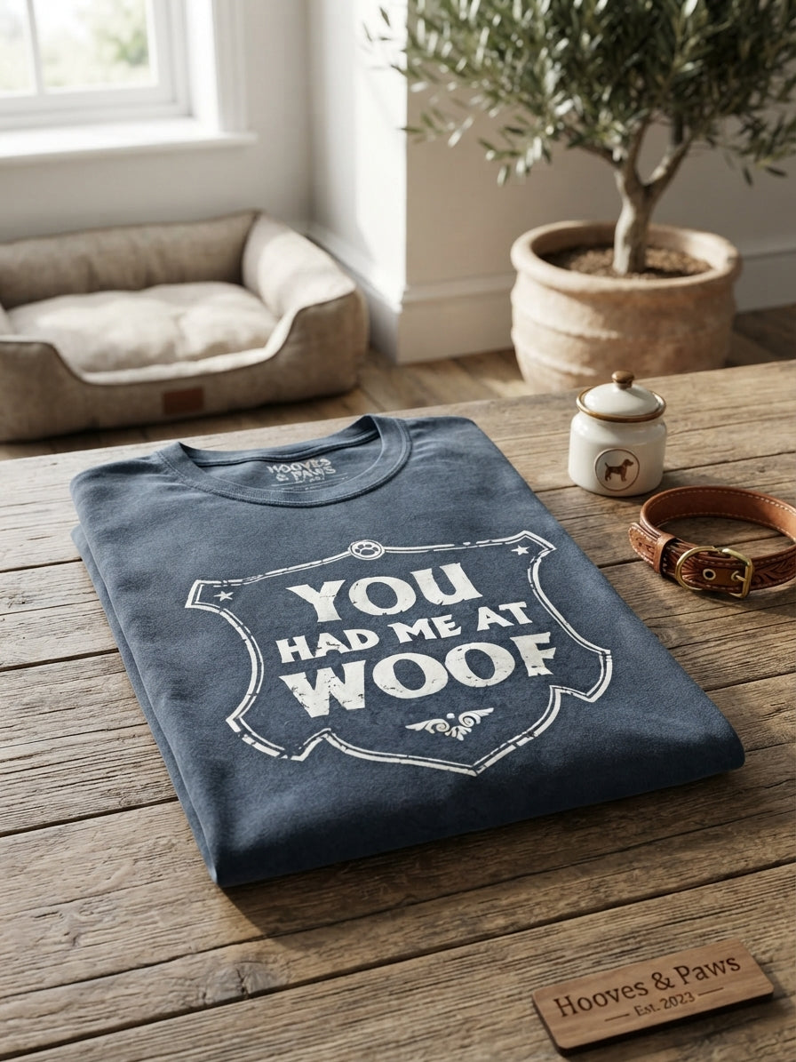 Lifestyle photo of Spoiled Rotten Dogz You Had Me At Woof T-Shirt - 100% Cotton Garment Dyed Heavyweight Dog Lover Tee - 6.1 oz