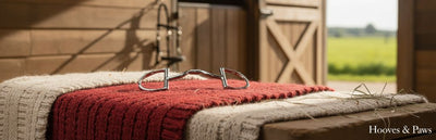 Myler 5 1/2" 33 English Dee with Hooks #89-22337 horse bit resting on a red and beige knitted saddle pad with scattered hay. The background features a rustic wooden stable door opening to green fields.