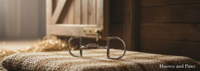 Myler 4 1/2 inch English Pony Dee horse bit with hooks, stainless steel mullen barrel low port #89-22063, resting on a textured brown fabric with blurred hay and a wooden stable door in the background.