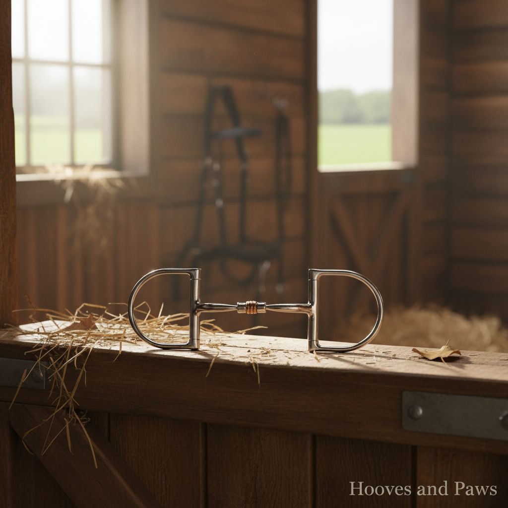 Myler MB 03 Comfort Snaffle Bit, stainless steel with copper roller, resting on a wooden stable door with hay and a rustic stable interior background.